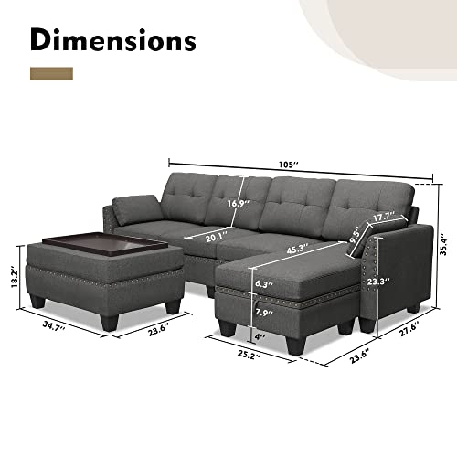 HONBAY Reversible Sectional Sofa Couch Set L Shaped Couch Sofa Sets for Living Room 4 Seat Sofa Sectional with Storage Ottoman for Small Apartment,Dark Grey (Sectional+Tray Ottoman)