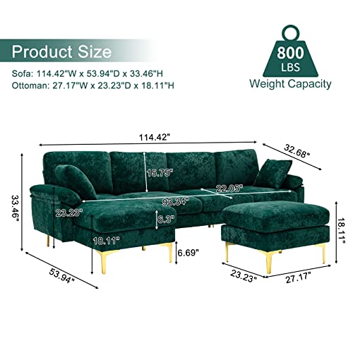 KIVENJAJA U-Shaped Sectional Sofa Couch, Modern Convertible L-Shaped Velvet Couch Set with Reversible Chaise Lounge, Ottoman and Pillows for Living Room, 114 inches (Emerald Green)