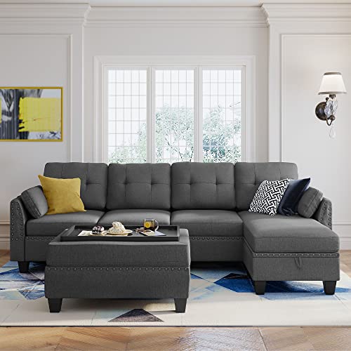 HONBAY Reversible Sectional Sofa Couch Set L Shaped Couch Sofa Sets for Living Room 4 Seat Sofa Sectional with Storage Ottoman for Small Apartment,Dark Grey (Sectional+Tray Ottoman)