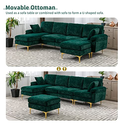 KIVENJAJA U-Shaped Sectional Sofa Couch, Modern Convertible L-Shaped Velvet Couch Set with Reversible Chaise Lounge, Ottoman and Pillows for Living Room, 114 inches (Emerald Green)