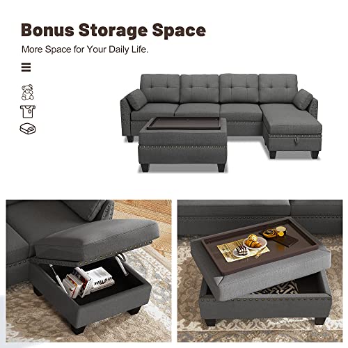 HONBAY Reversible Sectional Sofa Couch Set L Shaped Couch Sofa Sets for Living Room 4 Seat Sofa Sectional with Storage Ottoman for Small Apartment,Dark Grey (Sectional+Tray Ottoman)