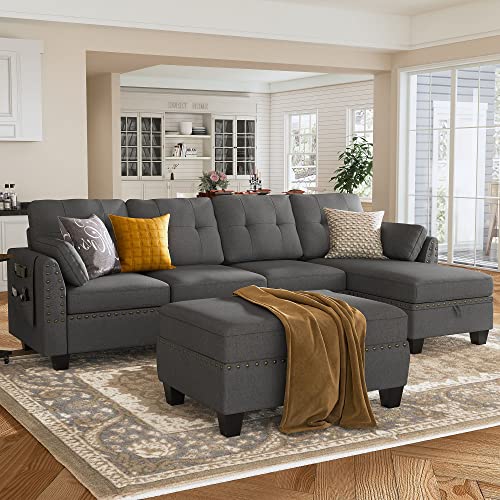 HONBAY Reversible Sectional Sofa Couch Set L Shaped Couch Sofa Sets for Living Room 4 Seat Sofa Sectional with Storage Ottoman for Small Apartment,Dark Grey (Sectional+Tray Ottoman)