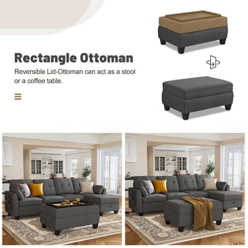 HONBAY Reversible Sectional Sofa Couch Set L Shaped Couch Sofa Sets for Living Room 4 Seat Sofa Sectional with Storage Ottoman for Small Apartment,Dark Grey (Sectional+Tray Ottoman)
