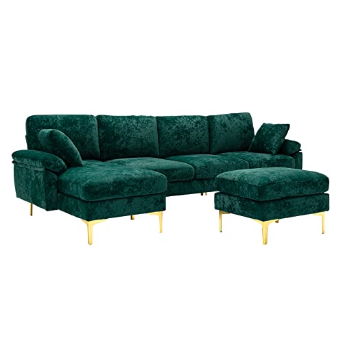 KIVENJAJA U-Shaped Sectional Sofa Couch, Modern Convertible L-Shaped Velvet Couch Set with Reversible Chaise Lounge, Ottoman and Pillows for Living Room, 114 inches (Emerald Green)