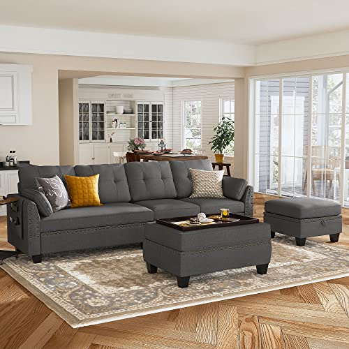 HONBAY Reversible Sectional Sofa Couch Set L Shaped Couch Sofa Sets for Living Room 4 Seat Sofa Sectional with Storage Ottoman for Small Apartment,Dark Grey (Sectional+Tray Ottoman)