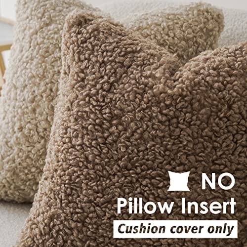 Foindtower 2 Pieces Teddy Faux Fur Throw Pillow Cover Decorative Sherpa Pillow Fuzzy Sheepskin Accent Cushion Case Soft Fleece Pillowcases for Bed Couch Living Room 18x18 Inch Khaki