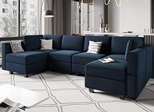 Belffin Modular Sectional Sofa U Shaped Couch with Storage Seat Reversible Sectional Sofa Couch with Chaise Velvet Blue