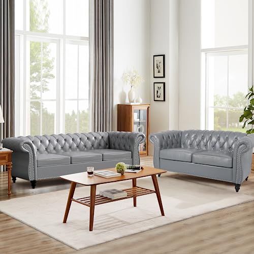 QHITTY 2 Piece Living Room Set, Sectional Chesterfield Sofa Chair Contemporary Upholstered Leather Loveseat Couch Sets for Living Room, Bedroom, Office