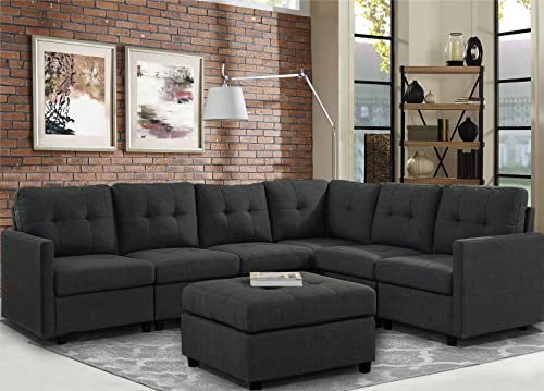 asunflower Sectional Sofa Ottoman Set 6 Seats Modular Couch Living Room Sectional Couches Corner Furniture Sets Reversible L Shape Fabric Couches Dark Grey