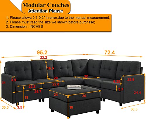 asunflower Sectional Sofa Ottoman Set 6 Seats Modular Couch Living Room Sectional Couches Corner Furniture Sets Reversible L Shape Fabric Couches Dark Grey