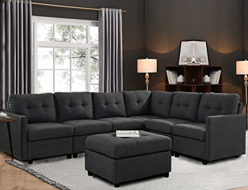 asunflower Sectional Sofa Ottoman Set 6 Seats Modular Couch Living Room Sectional Couches Corner Furniture Sets Reversible L Shape Fabric Couches Dark Grey