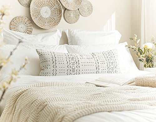 BlissBlush Off White Black Boho Long Lumbar Pillow Cover 14x36, Soft Chenille Pattern Decorative Throw Lumbar Pillow Cover 14X36 INCH, Bohemian Textured Bed Lumbar Pillow, Cover ONLY