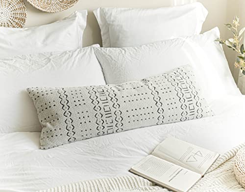 BlissBlush Off White Black Boho Long Lumbar Pillow Cover 14x36, Soft Chenille Pattern Decorative Throw Lumbar Pillow Cover 14X36 INCH, Bohemian Textured Bed Lumbar Pillow, Cover ONLY