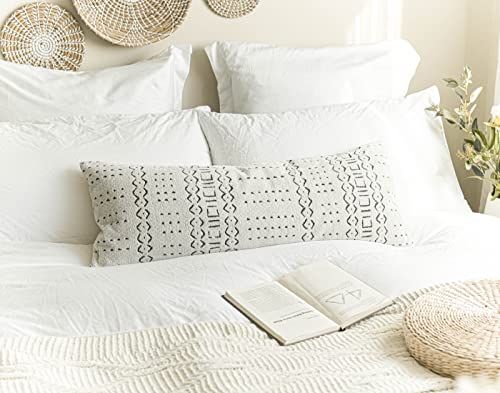 BlissBlush Off White Black Boho Long Lumbar Pillow Cover 14x36, Soft Chenille Pattern Decorative Throw Lumbar Pillow Cover 14X36 INCH, Bohemian Textured Bed Lumbar Pillow, Cover ONLY