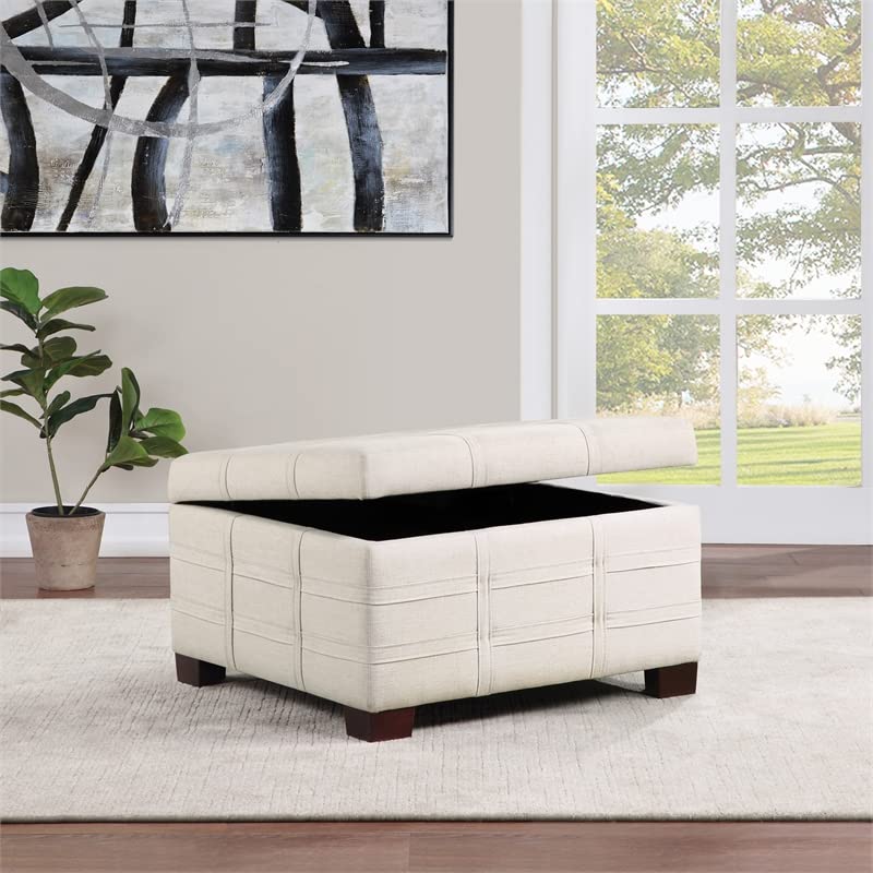 OSP Home Furnishings Detour Strap Square Storage Ottoman with Tray and Solid Wood Legs, Linen Fabric
