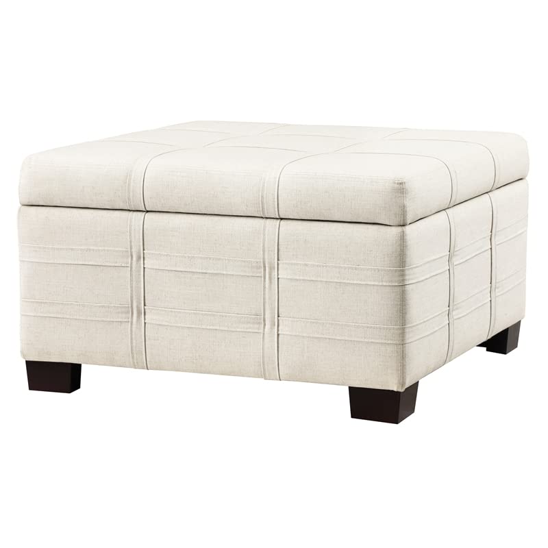 OSP Home Furnishings Detour Strap Square Storage Ottoman with Tray and Solid Wood Legs, Linen Fabric