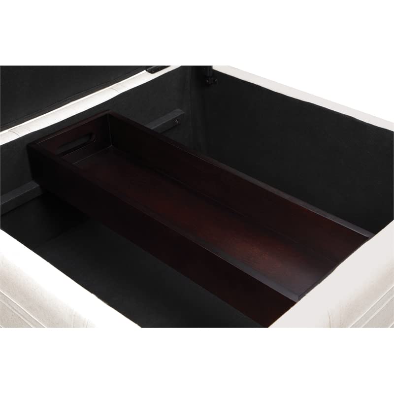 OSP Home Furnishings Detour Strap Square Storage Ottoman with Tray and Solid Wood Legs, Linen Fabric
