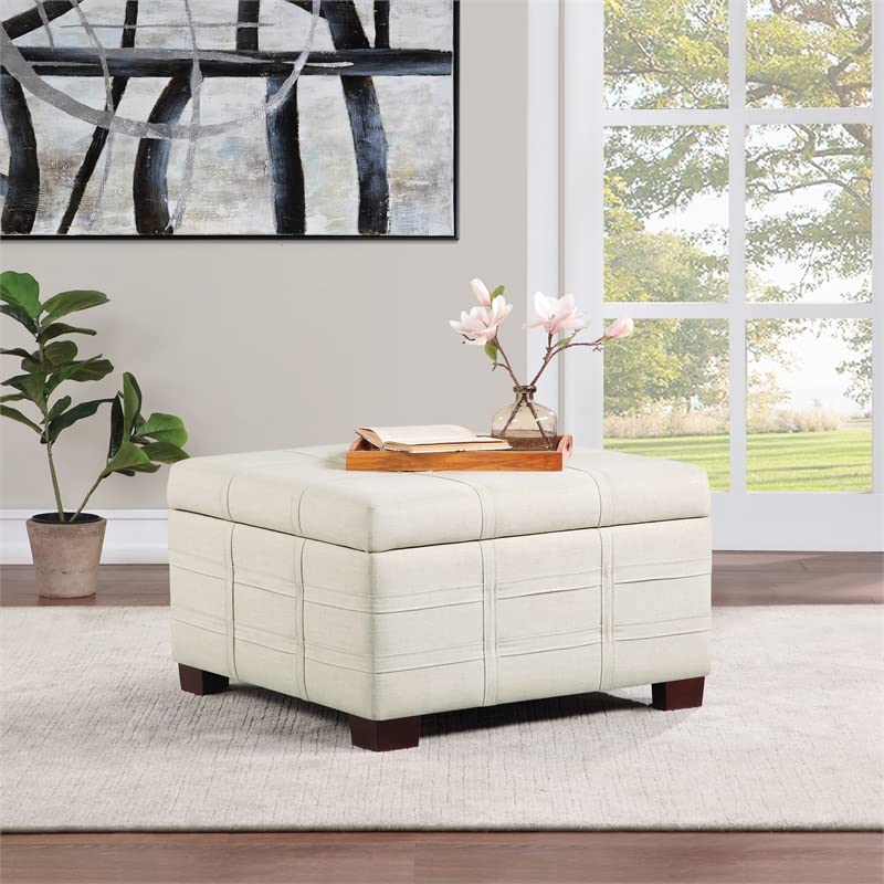 OSP Home Furnishings Detour Strap Square Storage Ottoman with Tray and Solid Wood Legs, Linen Fabric