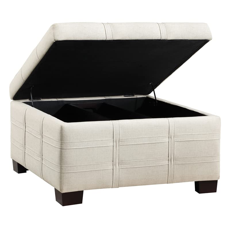 OSP Home Furnishings Detour Strap Square Storage Ottoman with Tray and Solid Wood Legs, Linen Fabric