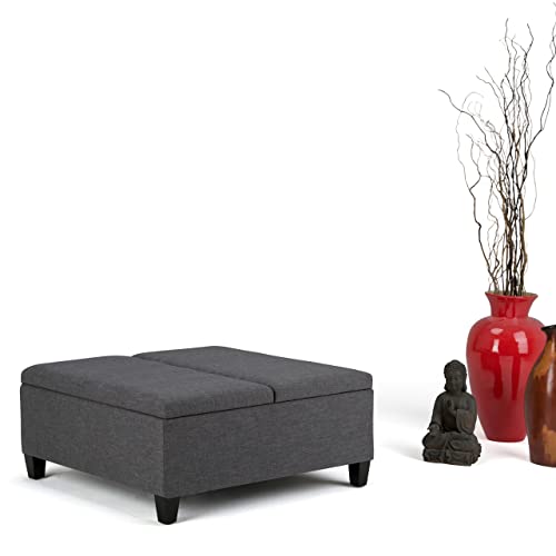 SIMPLIHOME Ellis 36 inch Wide Square Coffee Table Lift Top Storage Ottoman, Cocktail Footrest Stool in Upholstered Slate Grey Linen Look Fabric for the Living Room, Contemporary