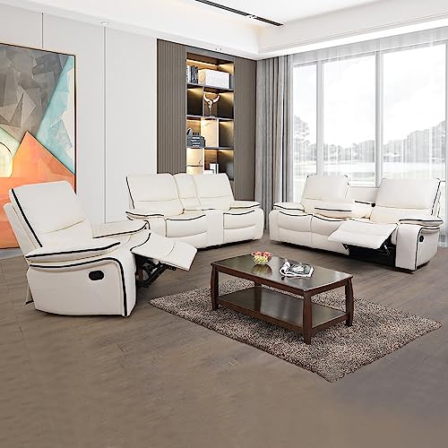 GEBADOL 3 Pieces Manual Reclineing Sofa Set Faux Leather Living Room Furniture Set with Storage Console & Cup Holder for Living Room/House/Bedroom/Office/Home Theatre (White)