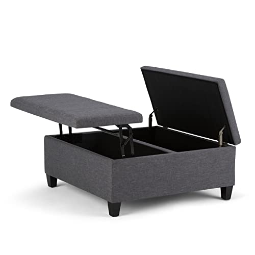 SIMPLIHOME Ellis 36 inch Wide Square Coffee Table Lift Top Storage Ottoman, Cocktail Footrest Stool in Upholstered Slate Grey Linen Look Fabric for the Living Room, Contemporary