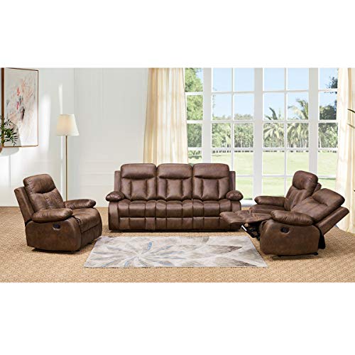 Betsy Furniture 3-PC Microfiber Fabric Recliner Set Living Room Set in Brown, Sofa Loveseat Chair Pillow Top Backrest and Armrests 8028 (Living Room Set 3+2+1)