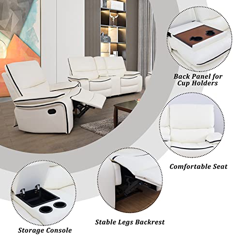 GEBADOL 3 Pieces Manual Reclineing Sofa Set Faux Leather Living Room Furniture Set with Storage Console & Cup Holder for Living Room/House/Bedroom/Office/Home Theatre (White)