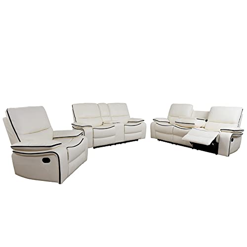 GEBADOL 3 Pieces Manual Reclineing Sofa Set Faux Leather Living Room Furniture Set with Storage Console & Cup Holder for Living Room/House/Bedroom/Office/Home Theatre (White)