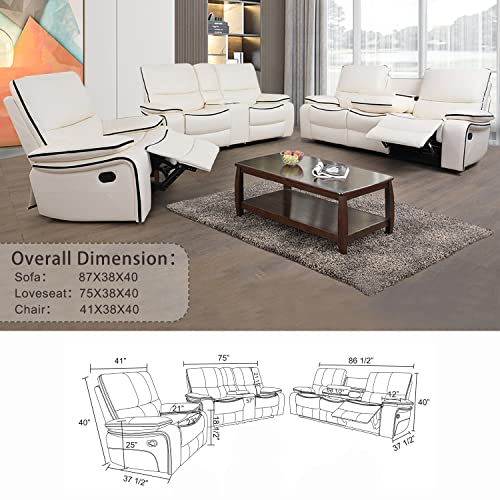 GEBADOL 3 Pieces Manual Reclineing Sofa Set Faux Leather Living Room Furniture Set with Storage Console & Cup Holder for Living Room/House/Bedroom/Office/Home Theatre (White)