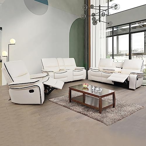 GEBADOL 3 Pieces Manual Reclineing Sofa Set Faux Leather Living Room Furniture Set with Storage Console & Cup Holder for Living Room/House/Bedroom/Office/Home Theatre (White)