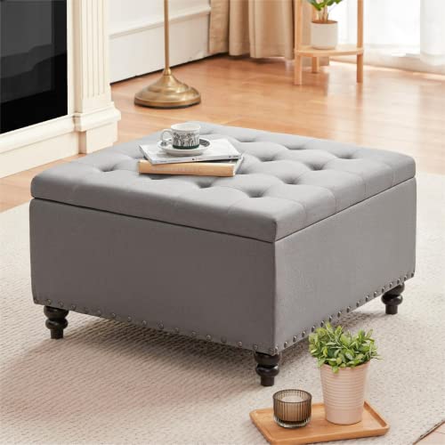 HUIMO Square Storage Ottoman,Ottoman Coffee Table with Storage,Oversized Ottoman,Tufted Storage Ottoman for Living Room (Grey)