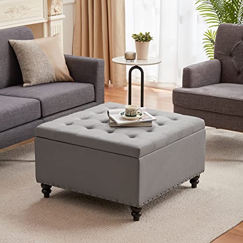 HUIMO Square Storage Ottoman,Ottoman Coffee Table with Storage,Oversized Ottoman,Tufted Storage Ottoman for Living Room (Grey)