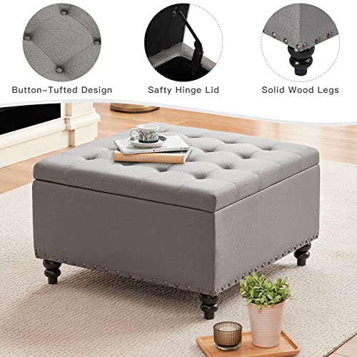 HUIMO Square Storage Ottoman,Ottoman Coffee Table with Storage,Oversized Ottoman,Tufted Storage Ottoman for Living Room (Grey)