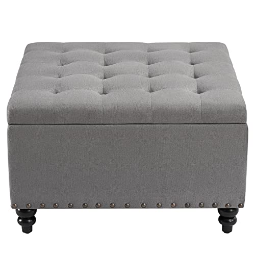 HUIMO Square Storage Ottoman,Ottoman Coffee Table with Storage,Oversized Ottoman,Tufted Storage Ottoman for Living Room (Grey)