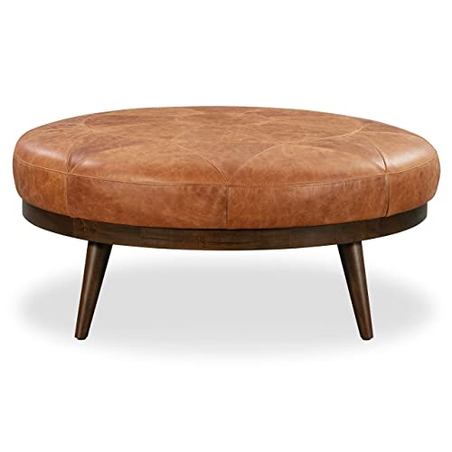 POLY & BARK Gio Modern Leather Ottoman Pouf (Cognac Tan)