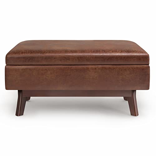 SIMPLIHOME Owen 36 inch Wide Rectangular Coffee Table Lift Top Storage Ottoman, Cocktail Footrest Stool in Upholstered Distressed Saddle Brown Faux Leather for the Living Room,