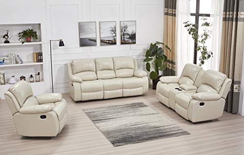 Betsy Furniture 3PC Bonded Leather Recliner Set Living Room Set, Sofa, Loveseat, Chair 8018 (Beige, Living Room Set 3+2+1)