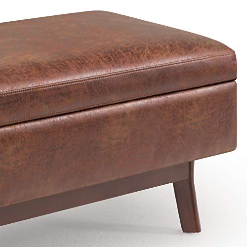 SIMPLIHOME Owen 36 inch Wide Rectangular Coffee Table Lift Top Storage Ottoman, Cocktail Footrest Stool in Upholstered Distressed Saddle Brown Faux Leather for the Living Room,