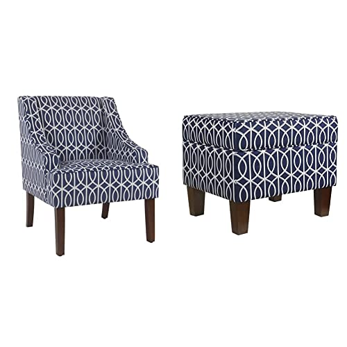 HomePop Velvet Swoop Arm Living-Room-Chairs, Blue Trellis & Home Decor | K7646-A823 | Upholstered Modern Rectangular Storage Ottoman | Hinged Lid Ottoman, Blue Trellis