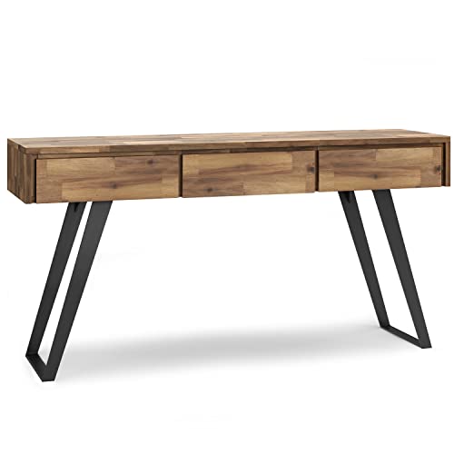 SIMPLIHOME Lowry SOLID ACACIA WOOD and Metal 60 inch Wide Modern Industrial Console Sofa Table in Distressed Golden Wheat
