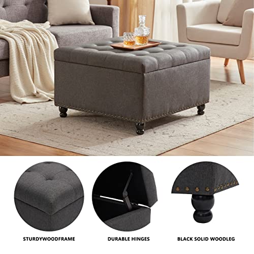 Tbfit Large Square Storage Ottoman Bench, Tufted Upholstered Coffee Table Ottoman with Storage, Oversized Storage Ottomans Toy Box Footrest for Living Room, Dark Grey