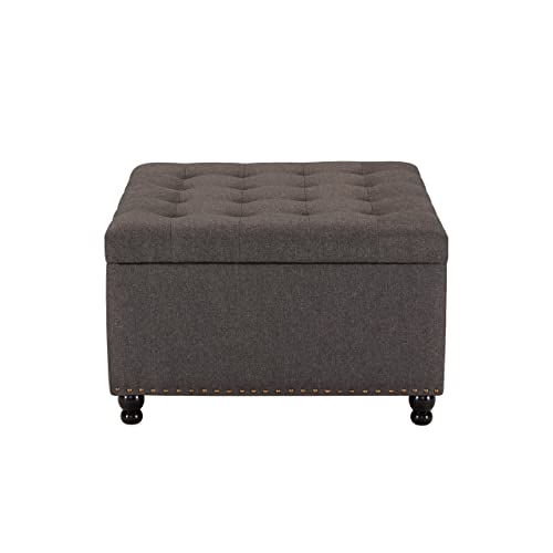 Tbfit Large Square Storage Ottoman Bench, Tufted Upholstered Coffee Table Ottoman with Storage, Oversized Storage Ottomans Toy Box Footrest for Living Room, Dark Grey