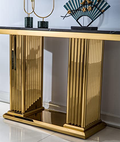 SSLine Real Marble Console Table,Modern Rectangular Luxury Marble Entryway Sofa Table Accent Table with 0.71" Thick Marble Top and Golden Double Pedestal Pillar Stainless Steel Base for Hallway