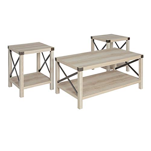 Home Square 4 Piece Farmhouse Barn Door TV Stand Console Coffee Table and 2 End Table Living Room Set in Rustic White Oak