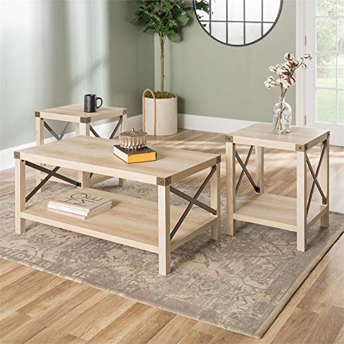 Home Square 4 Piece Farmhouse Barn Door TV Stand Console Coffee Table and 2 End Table Living Room Set in Rustic White Oak