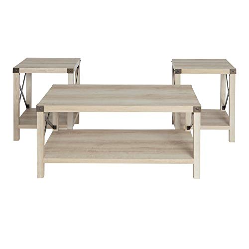 Home Square 4 Piece Farmhouse Barn Door TV Stand Console Coffee Table and 2 End Table Living Room Set in Rustic White Oak