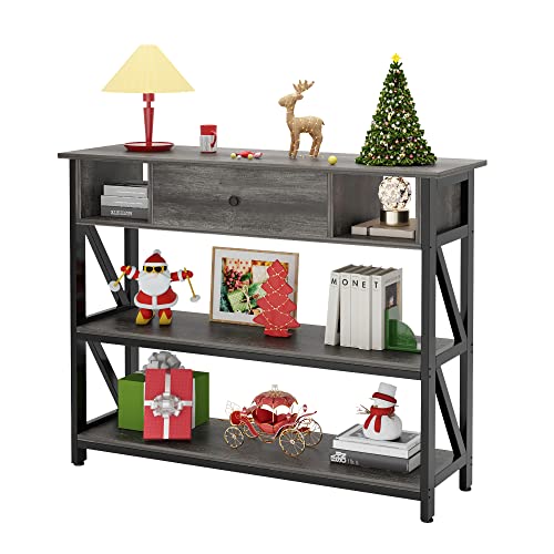 Mexin 39 Inch Console Sofa Table with Drawer, Entryway Table with Storage Shelves, Industrial Wood Hallway Table for Living Room, Couch, Foyer, Kitchen Counter, Grey Oak