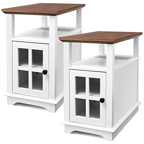 HIFYOBRO End Table with Charging Station Set of 2, Side Table with Storage, 2 Power outlets & 2 USB Ports for Living Room, Nightstand with Adjustable Storage Shelf for Bedroom-White…