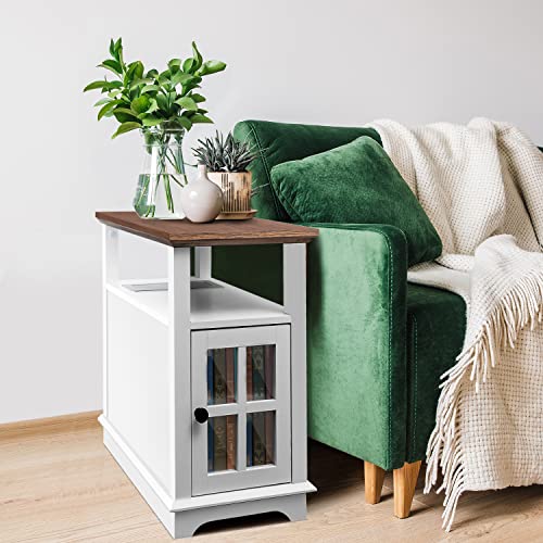 HIFYOBRO End Table with Charging Station Set of 2, Side Table with Storage, 2 Power outlets & 2 USB Ports for Living Room, Nightstand with Adjustable Storage Shelf for Bedroom-White…
